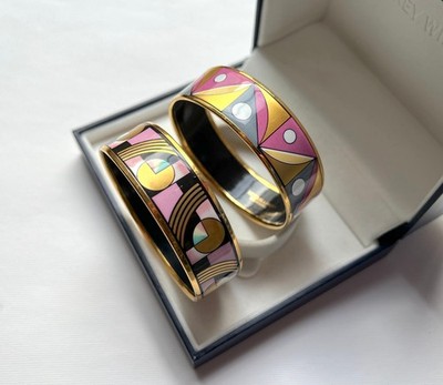Two MICHAELA FREY WILLE Bangles Bracelets Enamel Geometric Pattern VINTAGE
