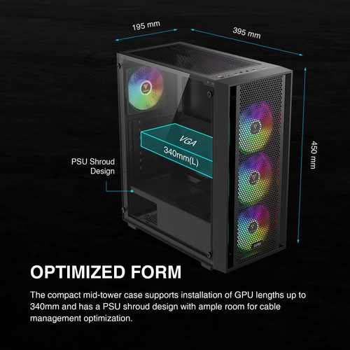 ATX Mid Tower Computer PC Case with Tempered Glass, 4X 120mm ARGB PWM Fans Ga... - Afbeelding 6 van 7