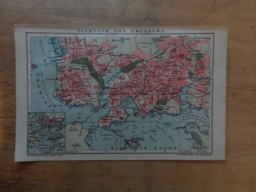 Genuine(1908) Lithograph City Map Plymouth and Surroundings (B1K)