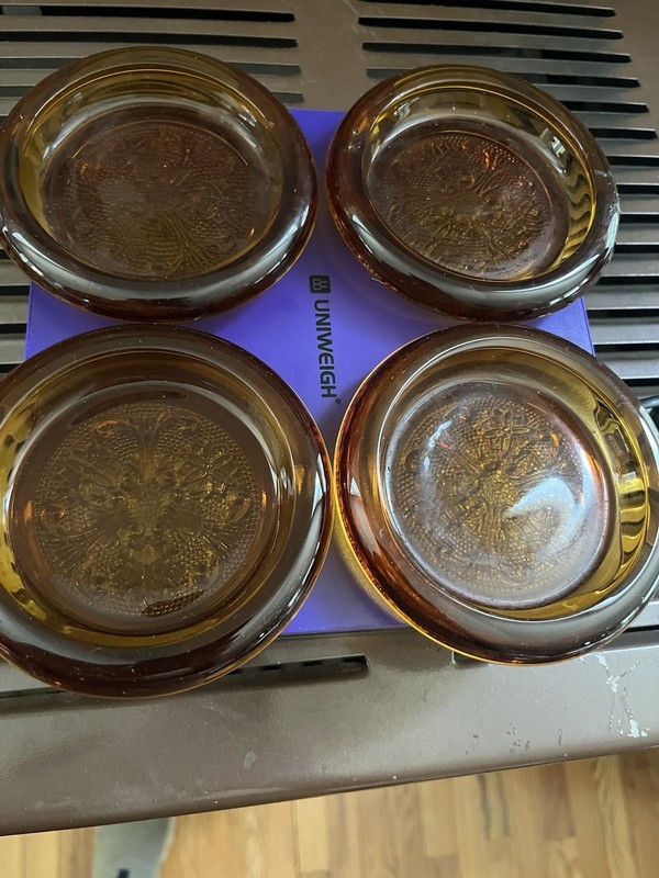 Indiana Glass Tiara Amber Glass Coasters Set of 4 Embossed Sandwich Pattern Vtg