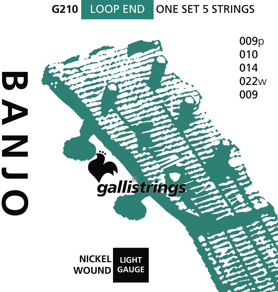 Galli G210 Strings for 5 String Banjo, Light gauge (.009-.024), Nickel-wound.