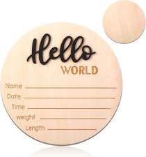 Wooden Baby Announcement Sign, 5.9 Inch Hello World Newborn Sign, Hospital Birth