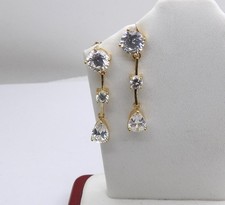 14K Yellow Gold CZ Cubic Zirconia Three Tier Drop Down Dangle Earrings 3.1 Grams