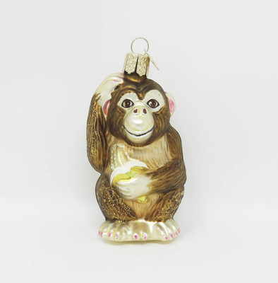 OWC Chimpanzee Monkey with Banana Hand Blown Ornament ~ 3-1/4''