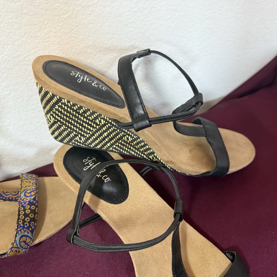 Женские босоножки Mulan черные/синие с принтом на танкетке с ремешками с открытым носком размер 11-2 пар - Изображение 2 из 4