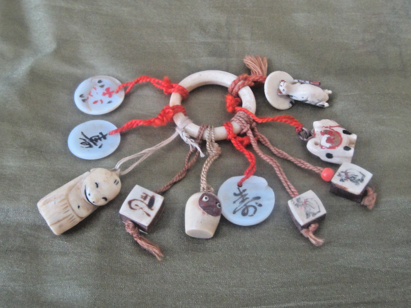 Ancient Antique Japanese Amulet Charms Hand Carved Hand Painted