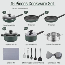 Leetaltree Nonstick Cookware Sets - 16 Pieces Pots and Pans with Utensils and St