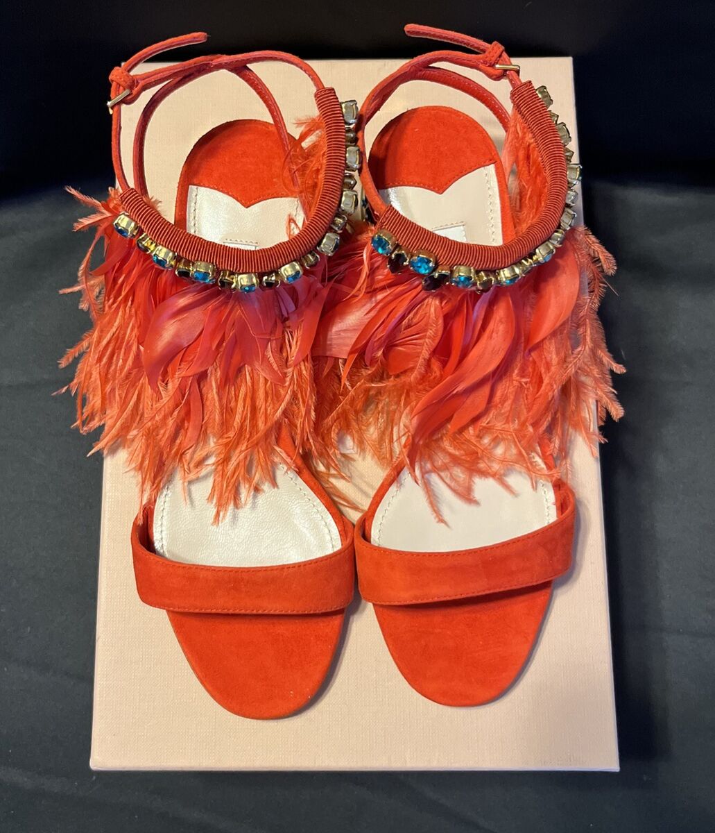 Miu Miu Jeweled Metallic Heel Suede Feather Sandals Woman's Miu Miu Jeweled Metallic Heel Suede Feather Sandals Woman's