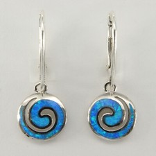 Blue FIRE OPAL Round Swirl Dangle Leverback Earrings 925 STERLING SILVER 17e