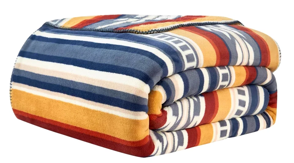 Pendleton Soft Plush Blanket Saltillo Stripe Queen 98" x 92" Colorful Print New - Image 4 of 4