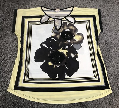 Lavish Plus Top Womens 3X Yellow Black Square Cut Out Blouse Floral Print