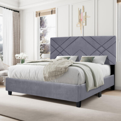 Gray Queen Size Upholstered Headboard Adjustable Bed Frame Velvet Fabric