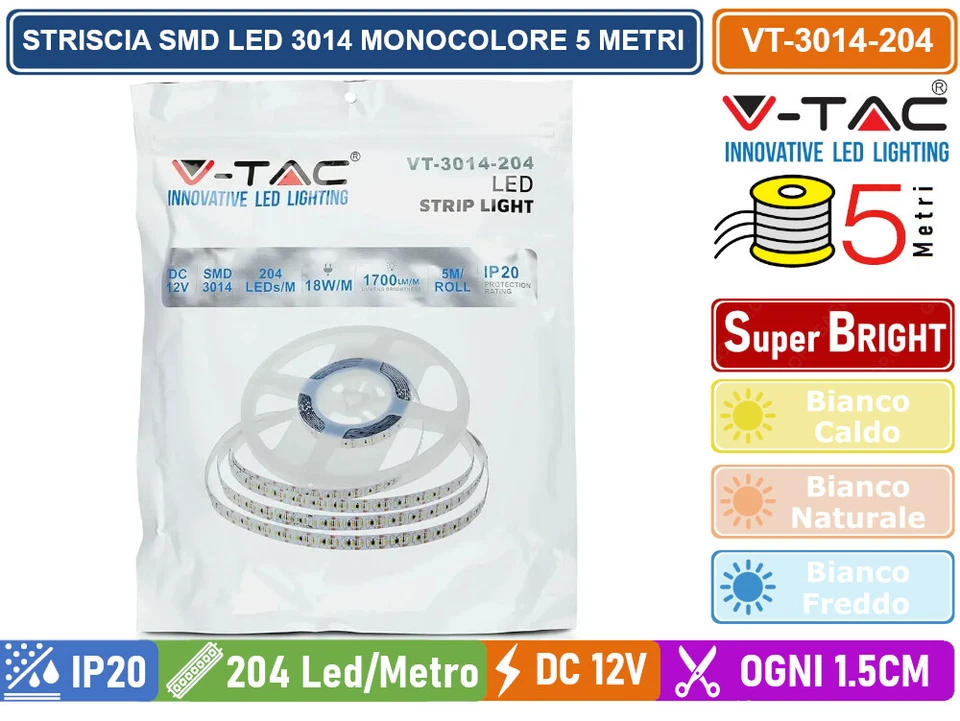 V-TAC VT-3014 STRISCIA LED 3014 MONOCOLORE 204 LED/METRO BOBINA DA 5 METRI-IP20 - Immagine 4 di 4