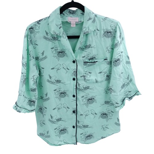 Cabernet XS Pajamas Set 100% Cotton Capri Button Down Mint Green Birds Nest - Picture 2 of 19