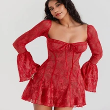 Women's temperament, fashion, slim fit, lace horn, long sleeved tie up, A-line d