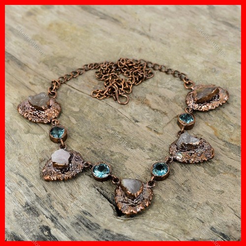 Copper Rose Quartz Rough Gemstone Swiss Blue Topaz Electroformed Chain Necklace - Picture 3 of 6