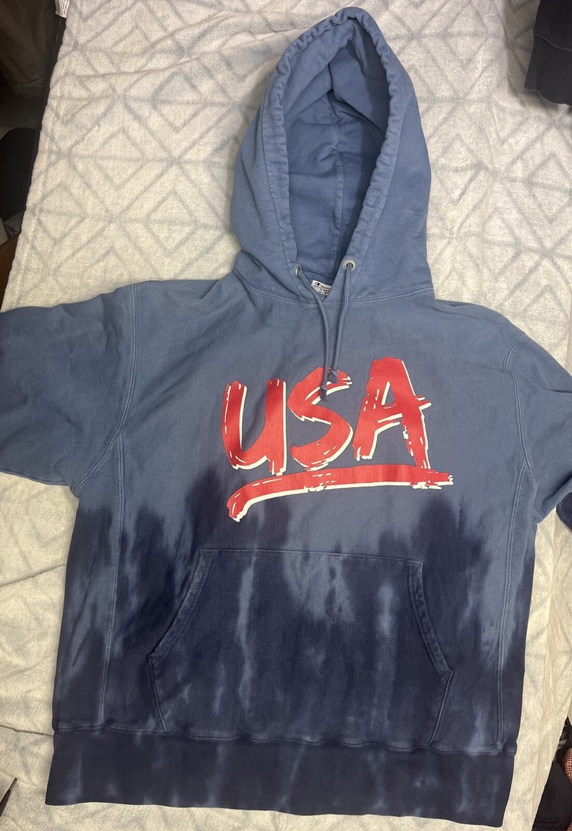 Champion Reverse Weave Hoodie USA Blue Tie Dye SZ LG | eBay