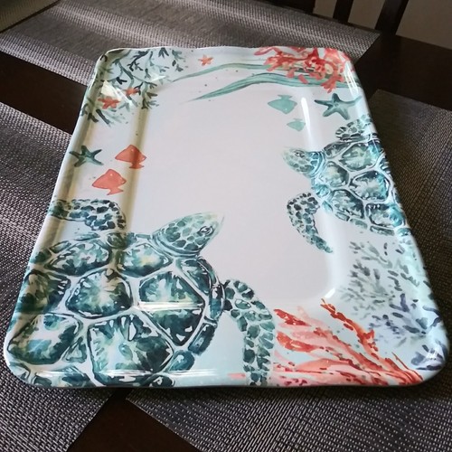 Coastal Home Watercolor Melamine Serving Tray Platter Pastel Sea Turtle 13x18 - Picture 19 of 24