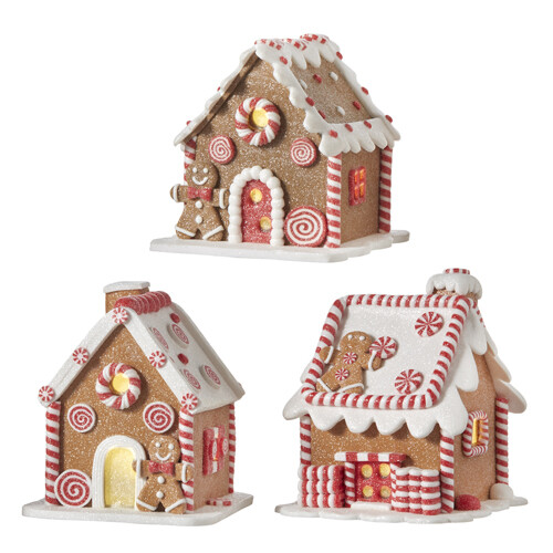 NEW!~RAZ Imports~5.25" GINGERBREAD LIGHTED HOUSE CHRISTMAS~Set 3~Candycane - Picture 1 of 1