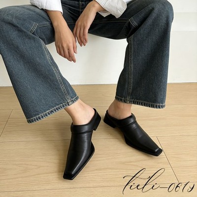 Vintage Leather Women's Mules Shoes Thick Heel Square Toe Casual