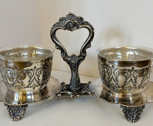 Vintage Silverplate Double Salt Cellar Condiment Caddy Jam Pot Glass Liners