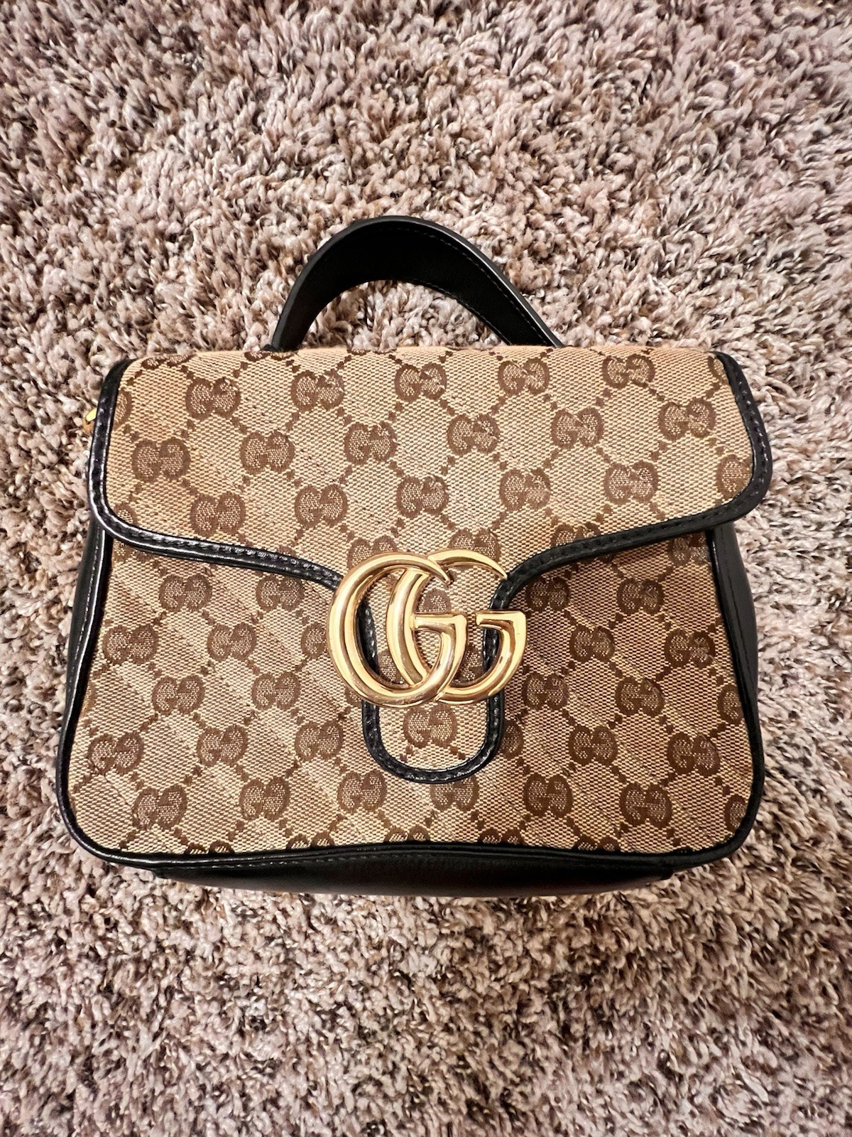 Gucci GG Marmont Mini Top Handle Bag In Beige and Ebony serial # 583571666999