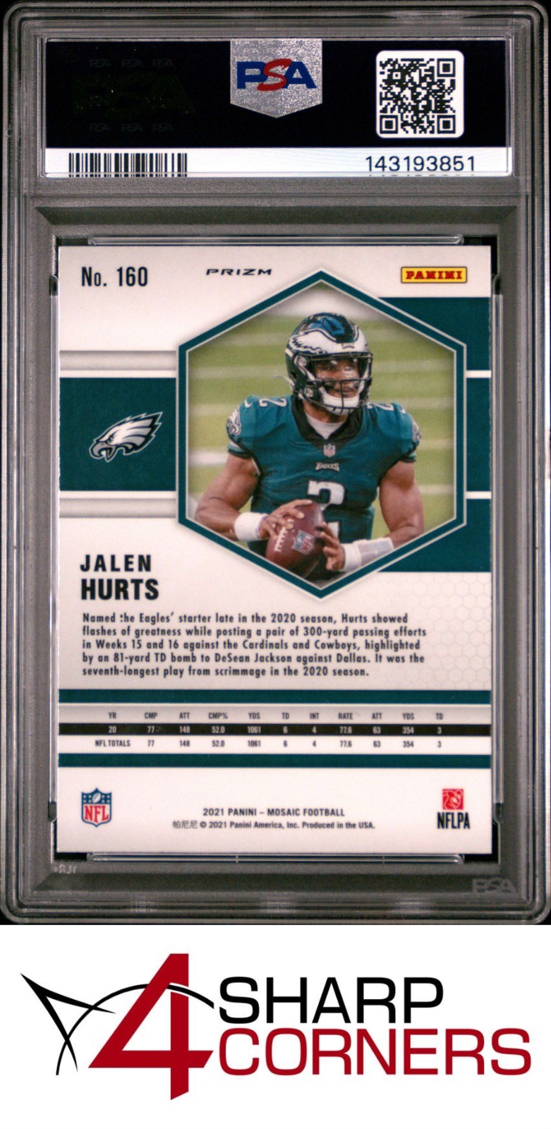 2021 PANINI MOSAIC GREEN PRIZM #160 JALEN HURTS PSA 10 view 2