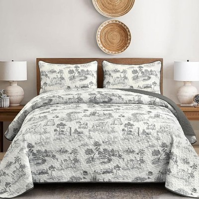 Drucon Grey Farmhouse Quilt Set King Size, Toile Rustic (106x90), 
