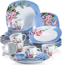 VEWEET 'Hannah' 30-Piece Dinner Set Blue White Dots Pink Flower Porcelain Patte
