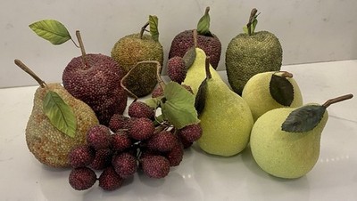 VTG SUGAR FROSTED TEXTURED FAUX FRUIT APPLES PEARS GRAPES SHIMMER GLITTERY DECOR