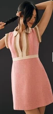 Anthropologie Maeve Tweed Mini Dress Collared Pink Cream Preppy Retro Sz 10