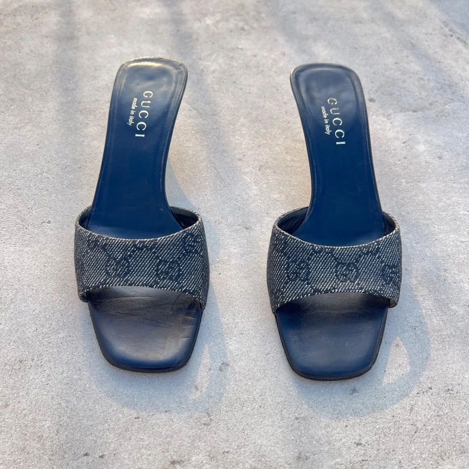Gucci | Authentic Vintage Black Denim GG Monogram Pattern Mid Heel Mules (36.5) - Image 2 of 4