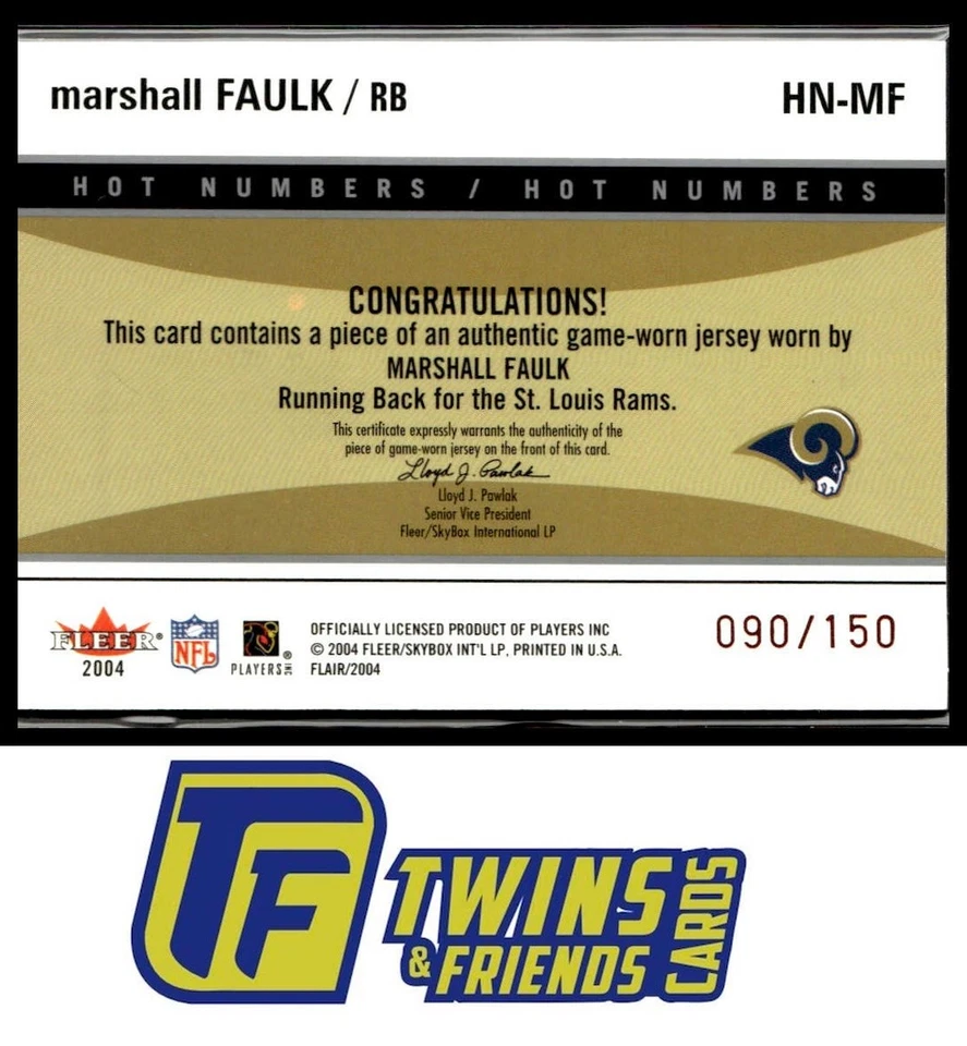 2004 Flair #HN-MF Marshall Faulk Hot Numbers Game Used Red #/150 - Image 2 of 2