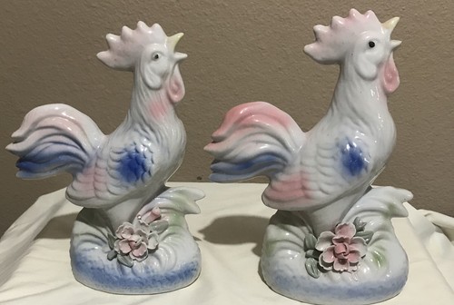 2 PINK BLUE & WHITE CERAMIC 8 12” / 8 1/4” TALL ROOSTERS