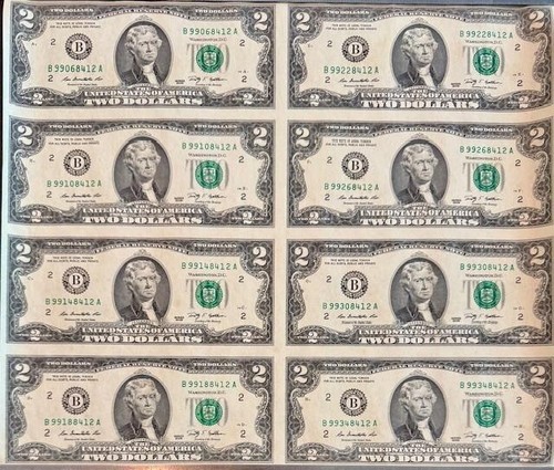 2 USD Rachunki dwudolarowe Niecięty arkusz walutowy - dwie kolumny po cztery, 8 banknotów - 16 USD