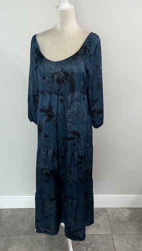 Soma Crinkle Satin Blumen V-Ausschnitt 3/4 Arm Stufen Maxi Kleid BH Bauer Neu L