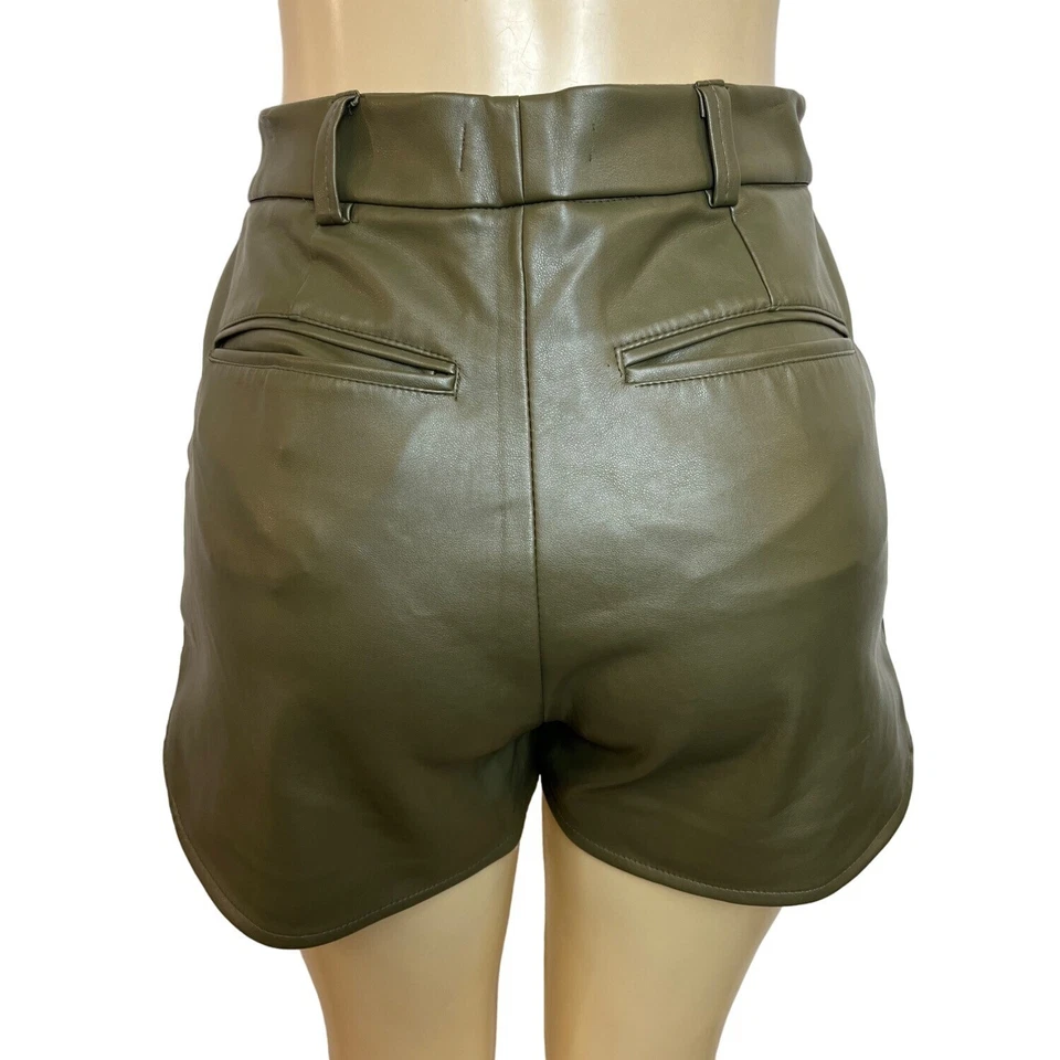 Pantalones Cortos Para Mujer Atelier Linah Verde Cintura Alta Cuero Sintético Dobladillo Tulipán Talla 3 Foto 4 de 4