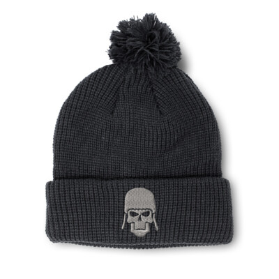 Pom Pom Beanies for Women Skull with Helmet Silver Embroidery Acrylic Skull Cap