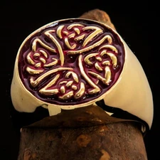 STUNNING ROUND MENS COSTUME BRASS RING CELTIC BIRGIT'S CROSS RED SIZE 14