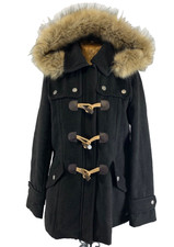 Kangol Coat Jacket 12 Black Duffle Faux Fur Pile Hood Horn Button Up Midi Casual