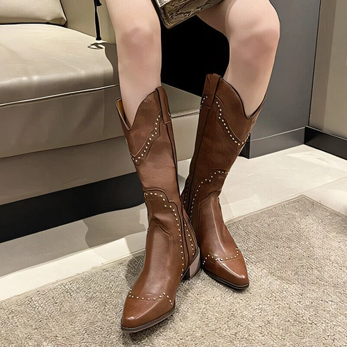 Womens Ladies Cowboy Western Studded Mid Calf Pointed Toe Block Heel Boots Size - Picture 8 of 20