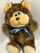 Vintage Brown 10 Inch Plush Stuffed Brown Teddy Bear Made in Taiwan Blue Ribbon