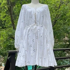 NEW $525 RHODE REN TIE FRONT COTTON MINI DRESS IN WHITE MIRROR DAISY SIZE S