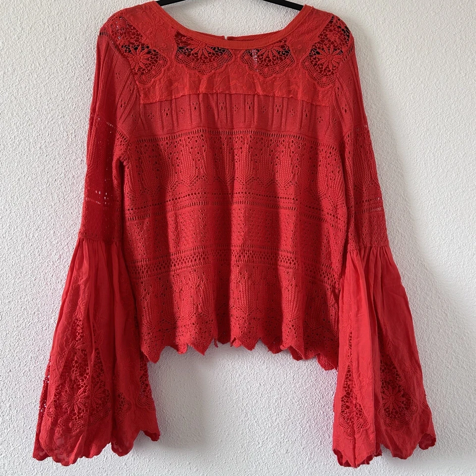 Free people Women’s Flare Sleeve Linen Blend Medium Orange Knit Crochet Eyelet