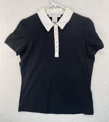 #ad Details Clothing Brand Black Top Constrast Collar ButtonsSophisticate￼ Sz M 2511 $7.49