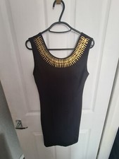 Ornate Gold Neck Little Black Dress Bodycon fitted size small