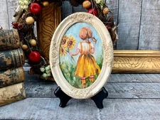 Girl Painting Sunflowers Original Art Framed Oil Painting 8x6" Child Wall Art