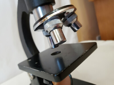 vintage microscope with wooden box & extras microbe 100x