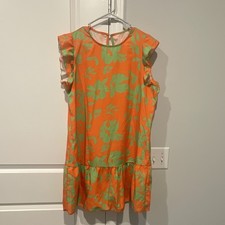 SHEIN Women’s XL Orange Green Floral Ruffle Shift Short Chiffon Dress