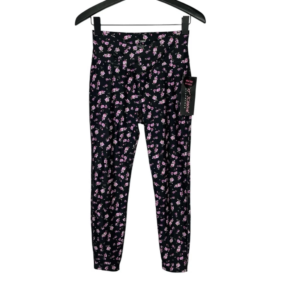 NUEVO CON ETIQUETAS Leggings Betsey Johnson Performance Negro Estampado Floral Tiro Alto Talla Pequeña Foto 3 de 4